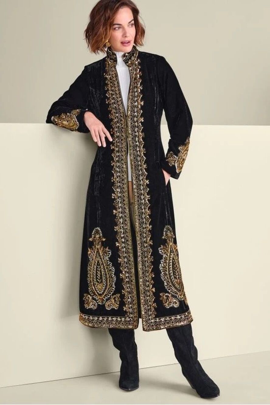 Soft Surroundings $369 Heritage Velvet Duster Black Gold Beaded Boho 1X NWT